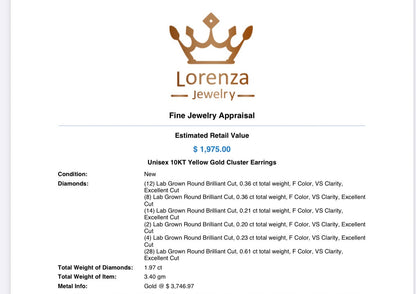 Unisex 10KT Yellow Gold Cluster Earrings | Reversed Diamonds limited time sale