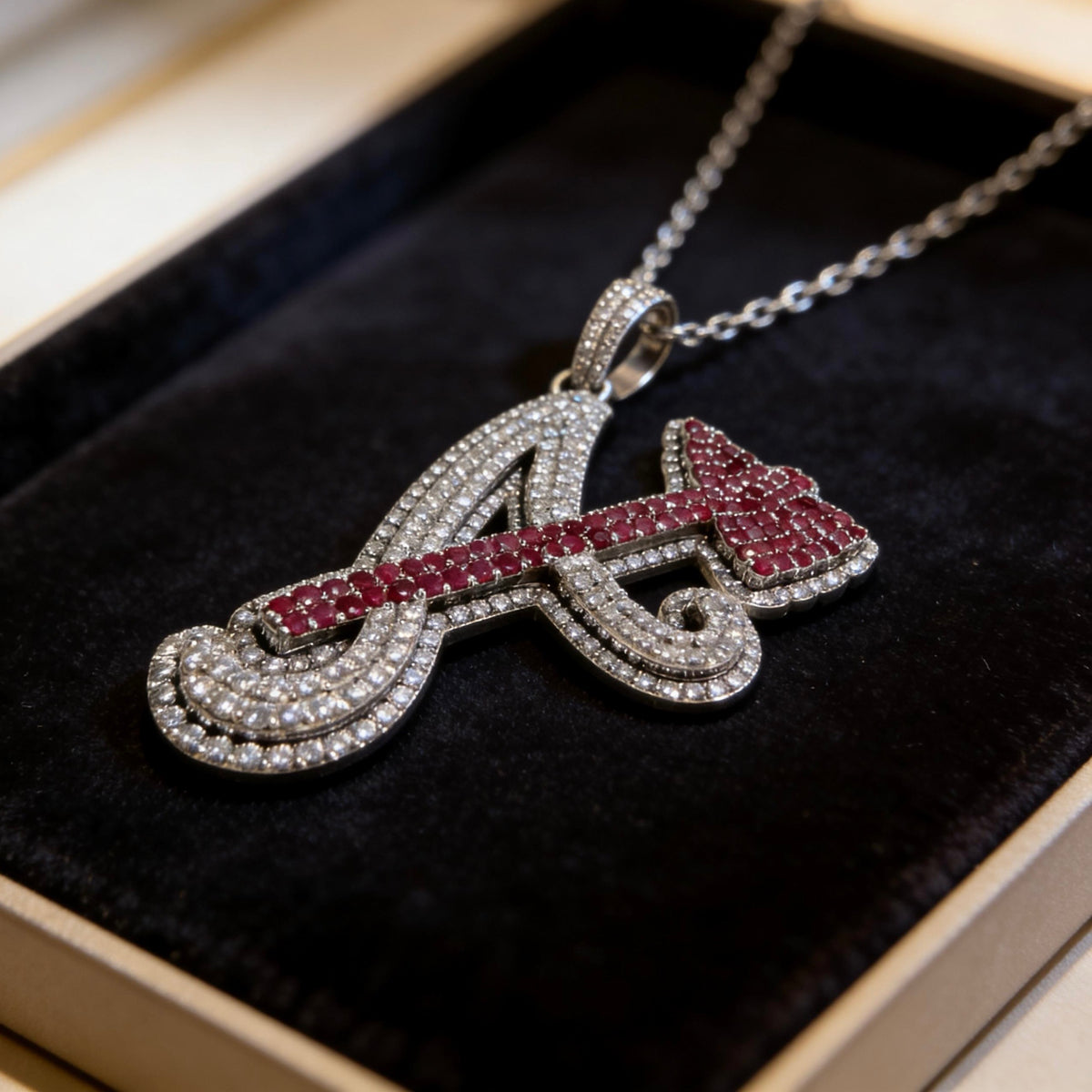 2”Atlanta Braves “A” Pendant 925 Silver Moissanite & Ruby Limited Dubai Edition